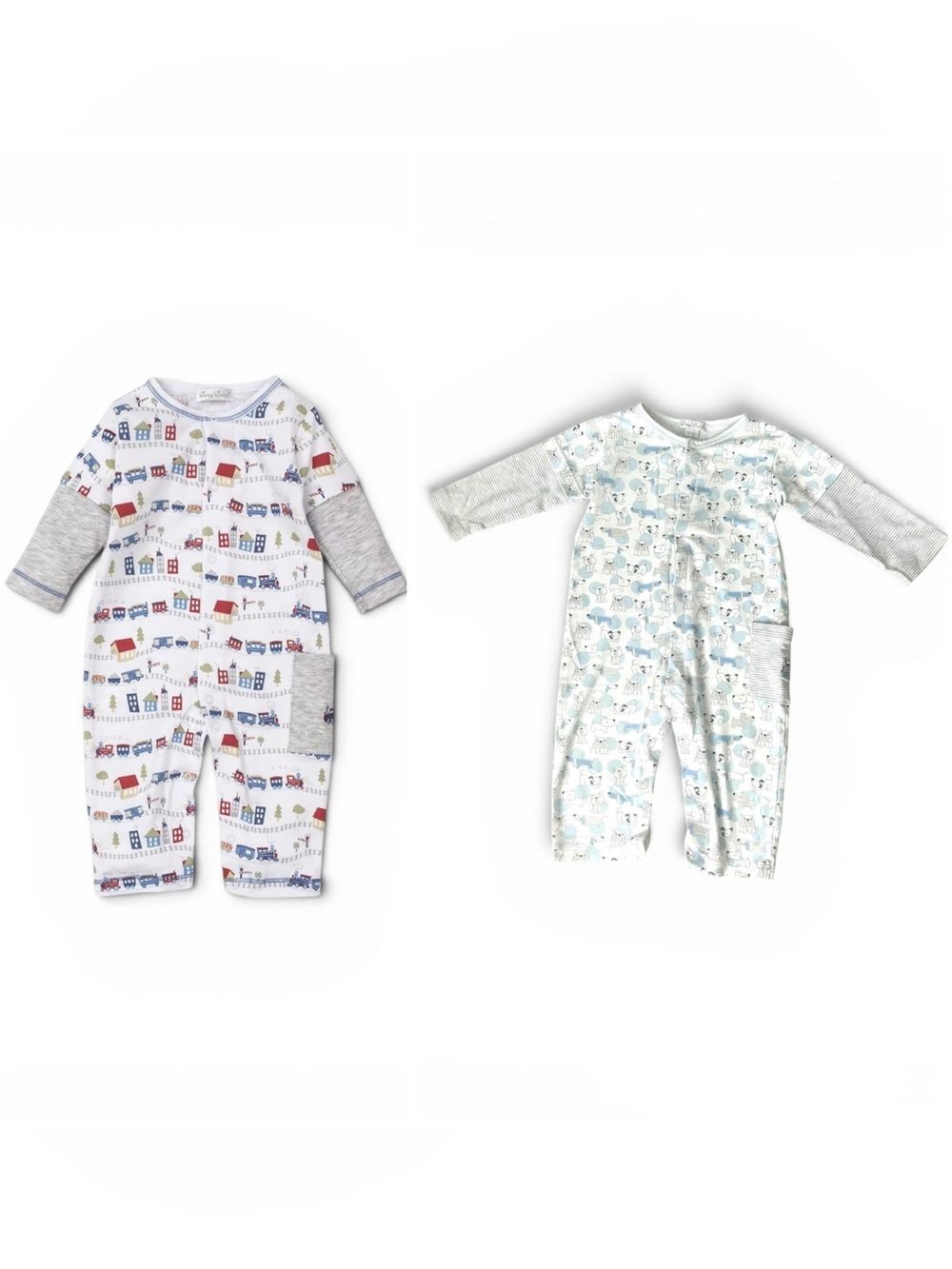 Two Kissy Kissy Baby Pajamas/Bodysuits - 12-18 months Puppy + Train Prints